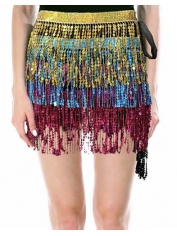70s Costume Blue Gold Pink Sequin Skirt Fringe Skirt - Womens 70s Disco Costumes 